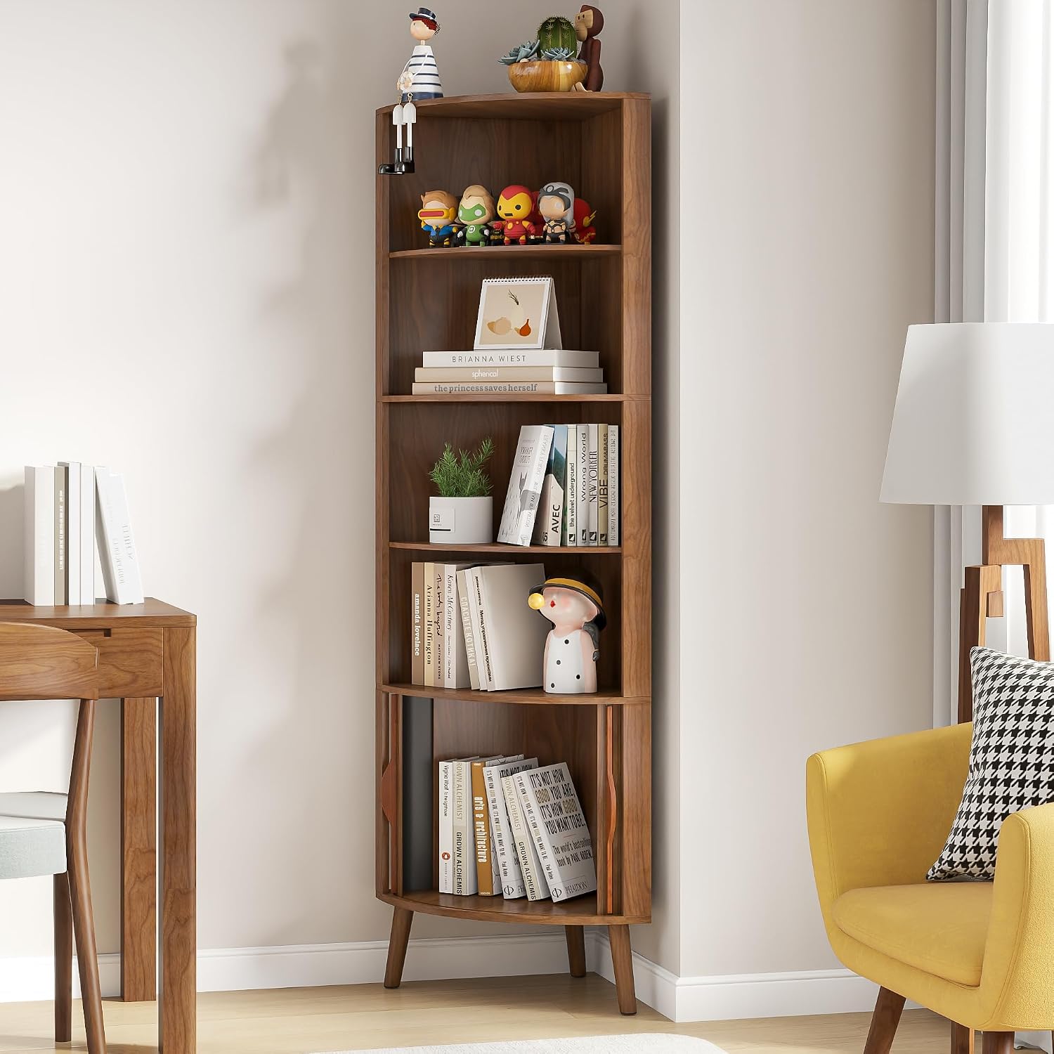 Corner Cabinet, 66.73'' Tall Modern Corner Bathroom Storage Cabinet with 2 Fluted Doors and Shelves, Home Space Saver for Kitchen, Living Room, Study Room(Walnut, 66.73''H)