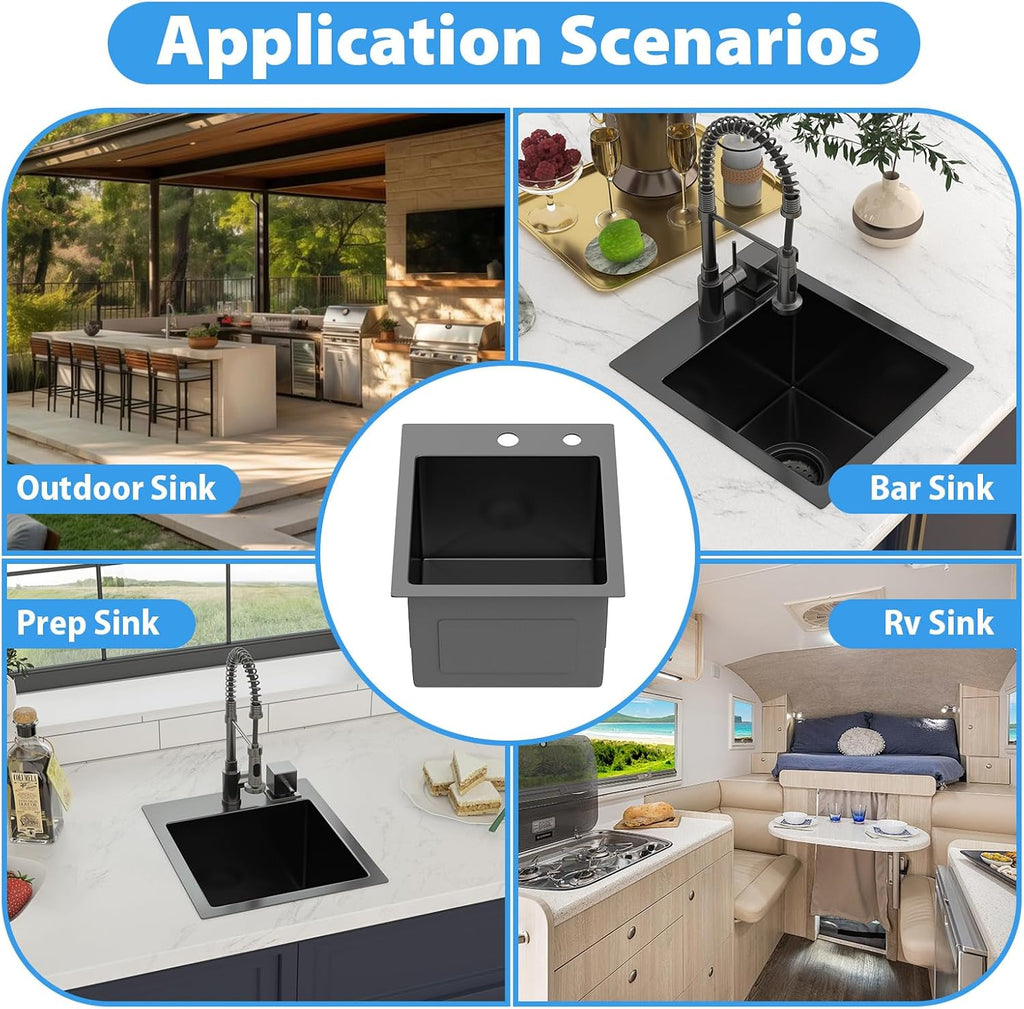 13 In Gunmetal Black Drop Bar Sink 13 x 15 Inch Kitchen Sink 18 Gauge Stainless Steel Single Bowl Topmount Handmade Sink for Outdoor, RV, 13x15x9