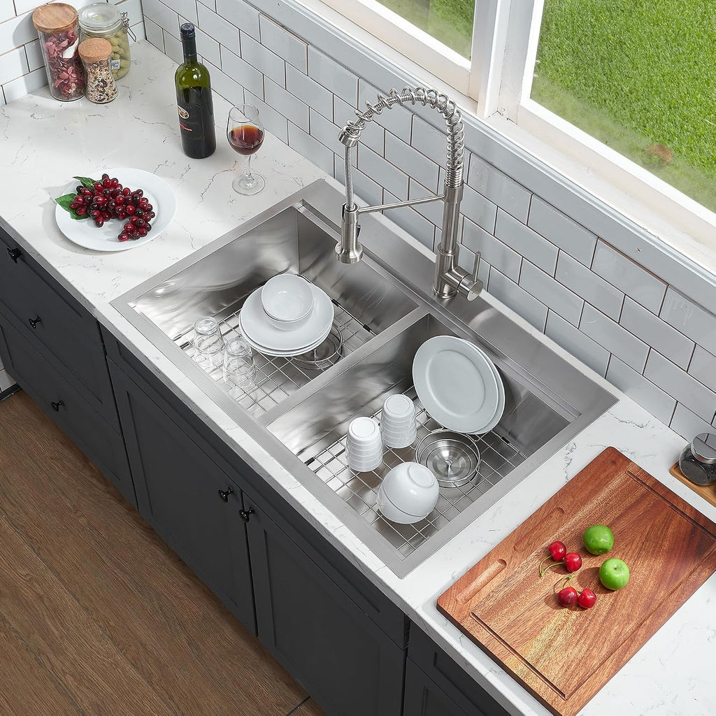 IKEBANA 33 x 22 Inch Double Bowl Kitchen Sink Drop in, Brushed Nickel 16 Gauge Stainless Steel Topmount 50/50 Double Basin Workstation Kitchen Sink with Accessories