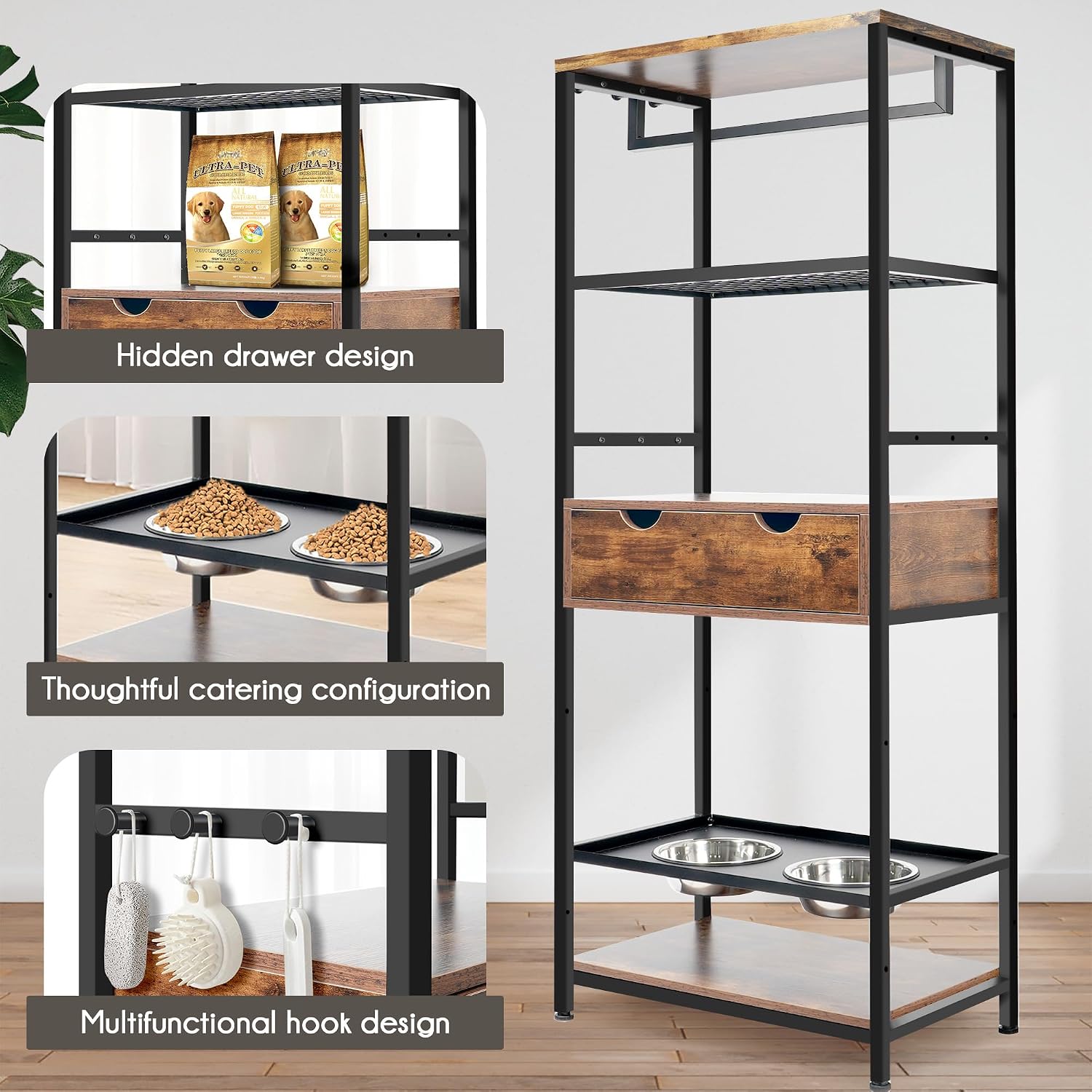 Dog Feeding Station, 3 Height Adjustable Raised Dog Bowls, Dog Feeder Station for Large Medium Dogs Cats, Dog Storage with Shelves