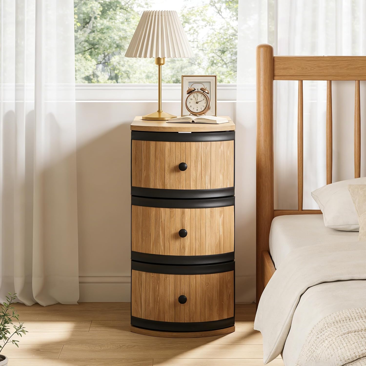 BERRYMERRY Narrow End Table Set of 2 with Charging Station, Modern Slim Nightstand Bedside Table with 3 Drawers for Bedroom Living Room, Natural, 11.81' W x 23.51' D x 23.62' H
