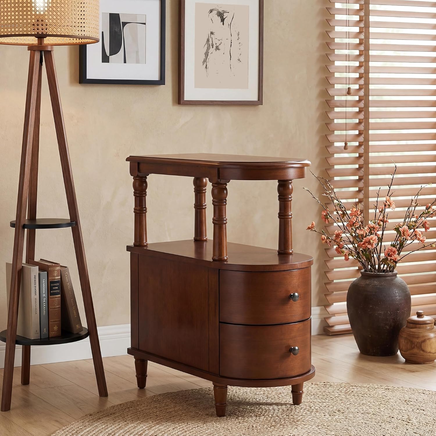 LEEMTORIG Narrow Side Table with Drawers, Vintage Slim Solid Cherry Wood Nightstand, Mid-Century Modern Bedside for Bedroom Sofa Chair Side Table for Living Room, Caramel Brown BG-A508-MG