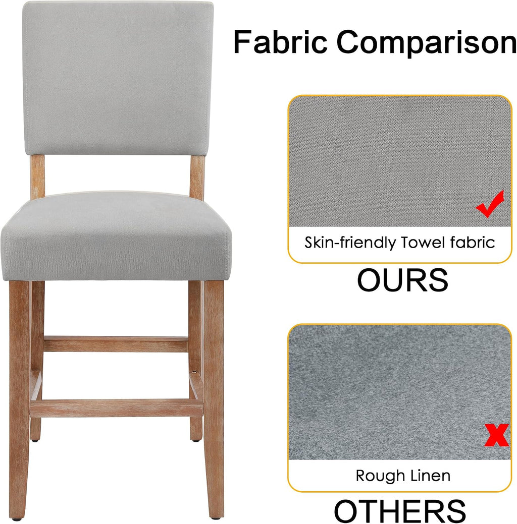 DAGONHIL 24 Inch Counter Height Bar Stools Upholstered Bar,Towel Cloth Fabric Solid Wood Bar Stool (Set of 2 Light Grey)
