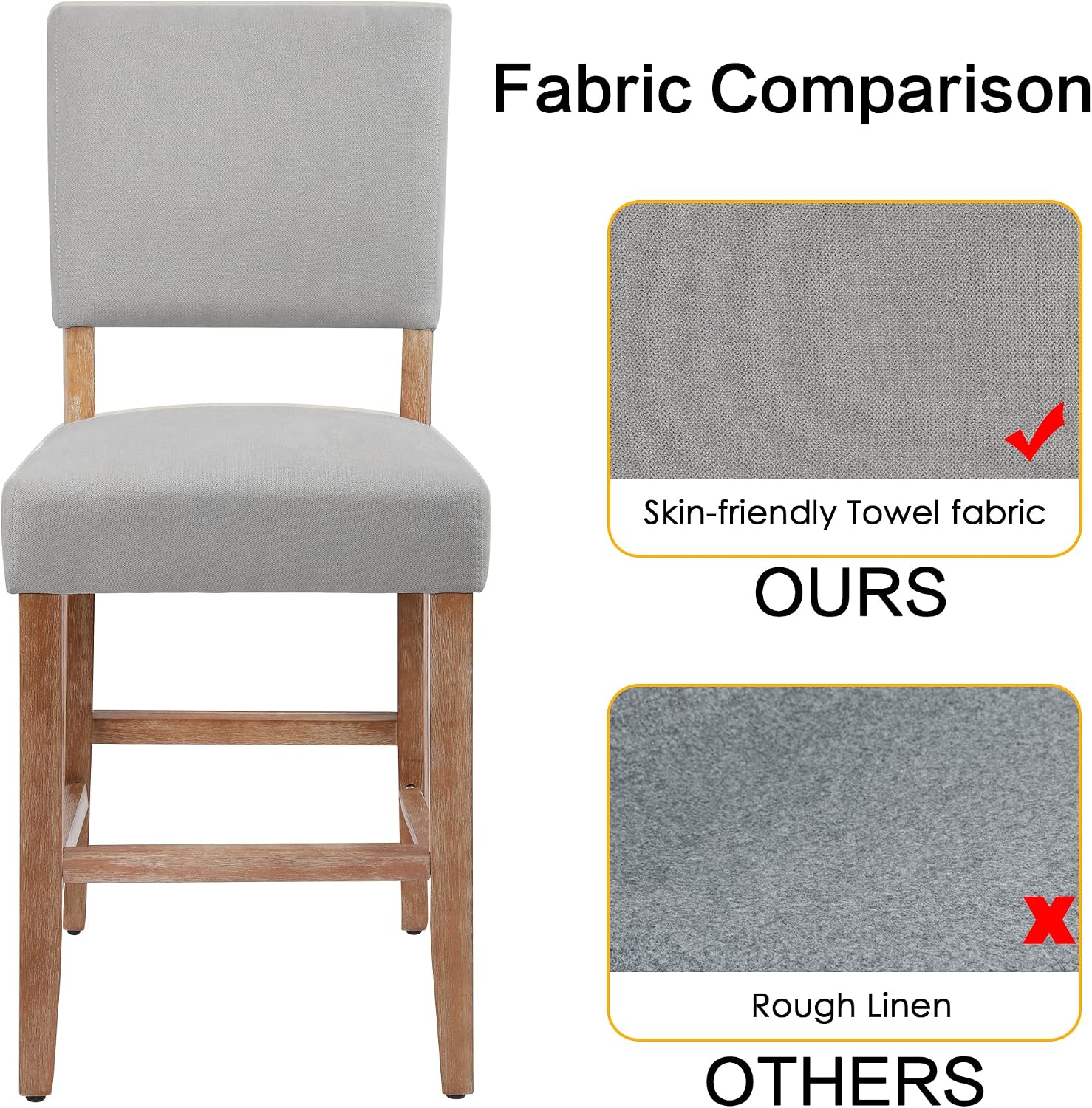 DAGONHIL 24 Inch Counter Height Bar Stools Upholstered Bar,Towel Cloth Fabric Solid Wood Bar Stool (Set of 2 Light Grey)