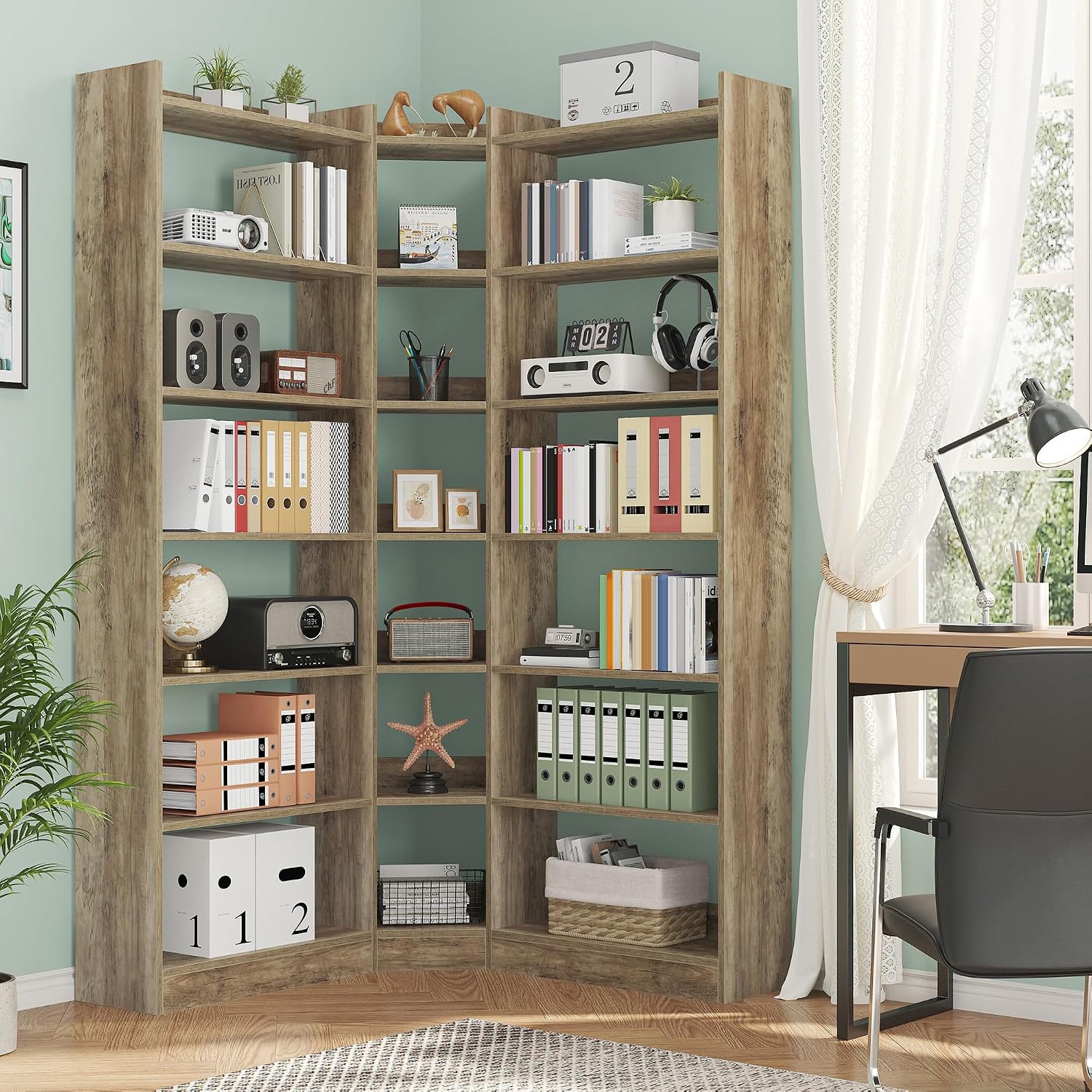 Nosepen 70.8' Tall Corner Bookshelf and Bookcases, 7 Tiers Morden Large Etagere Bookcases Storage Display Rack with Baffle, Industrial L-Shaped Bookshelves for Bedroom, Home Office, Living Room, Brown