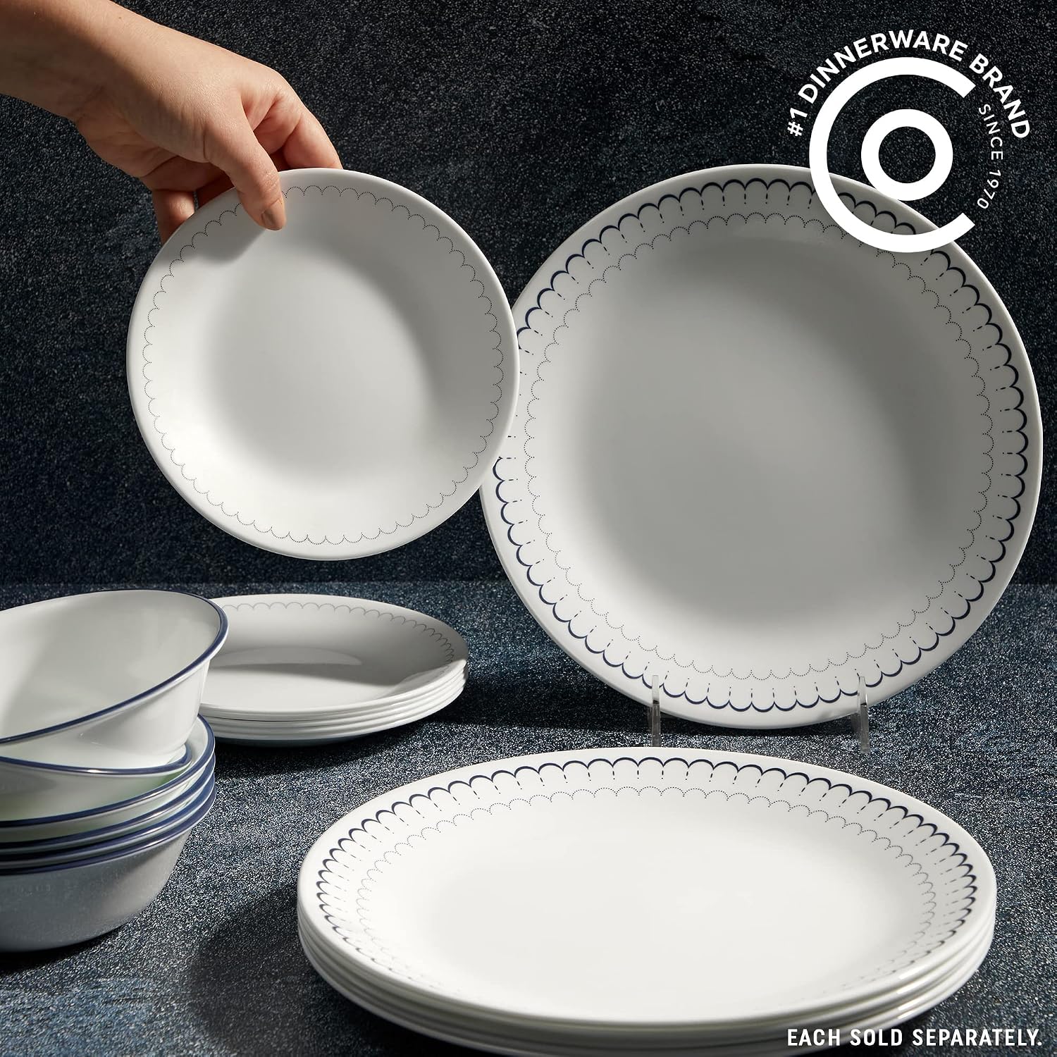 Corelle 18-Piece Dinnerware Set, Service for 6, Lightweight Round Plates and Bowls Set, Caspian & 6-Piece 10.25' Dinner Round Plates, Vitrelle Triple Layer Glass, Caspian