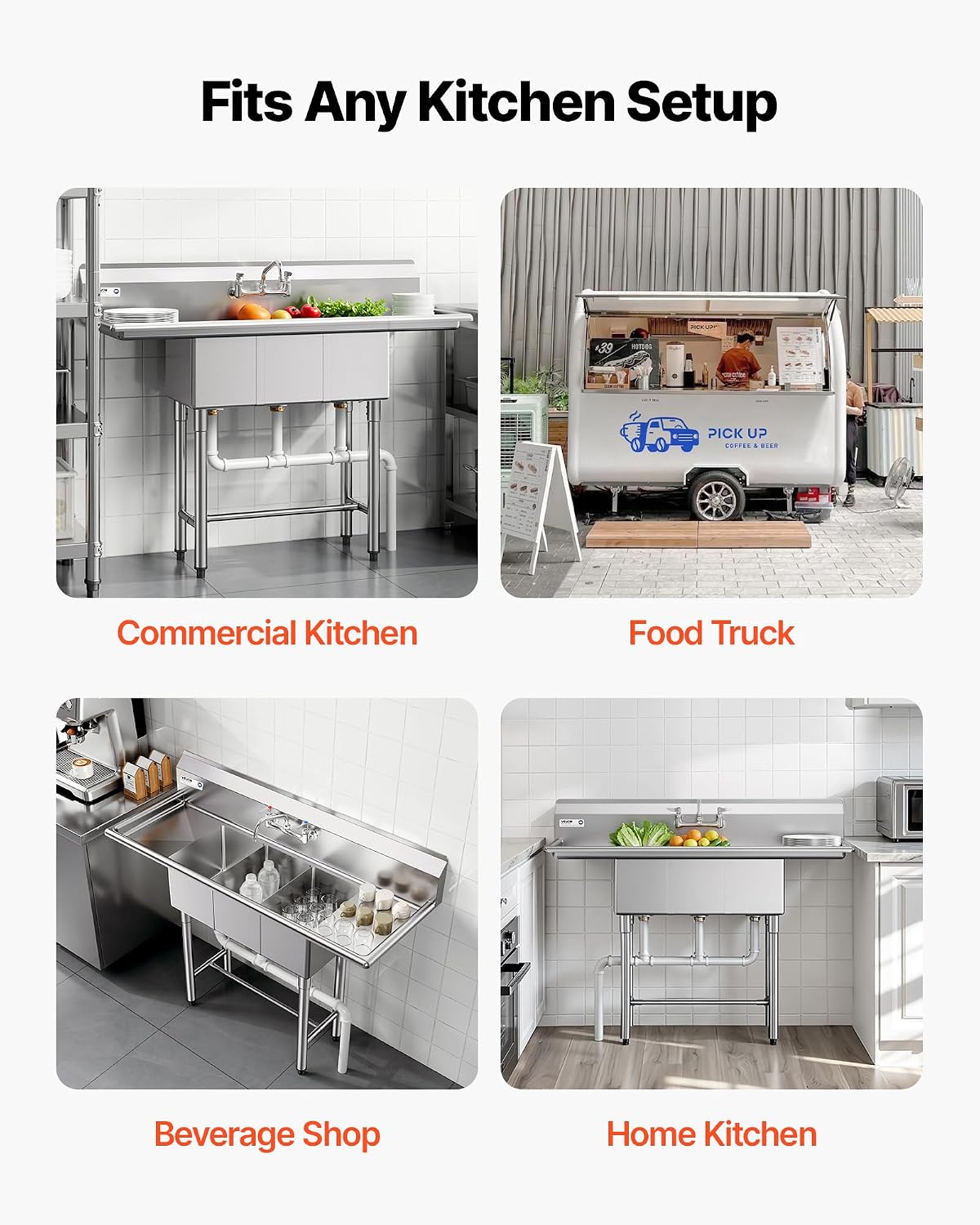 VEVOR 3 Compartment Sink, 18-Gauge 304 Stainless Steel, 10' x 14' x 10' Bowl Size, 3 Bay Commercial Kitchen Prep & Utility Sink with 2 Drainboards and Backsplash for Restaurant, Food Truck & Home Use