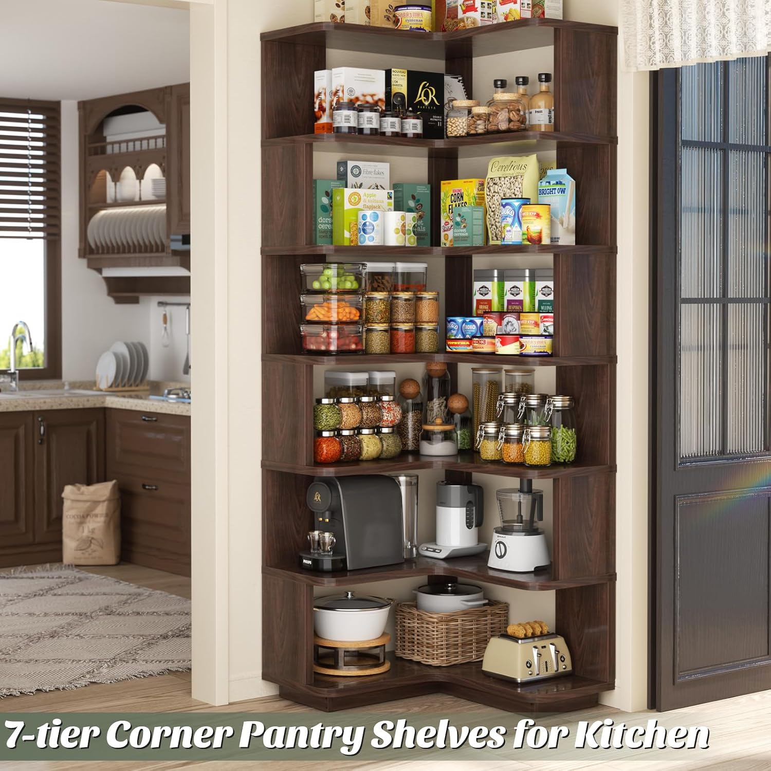 Armocity Corner Book Shelf - 7 Tier Corner Bookshelf Etagere Bookcase with Baffle, Freestanding L Shaped Display Shelf Stand for Home Office, Living Room, Bedroom, Kitchen, Black Walnut