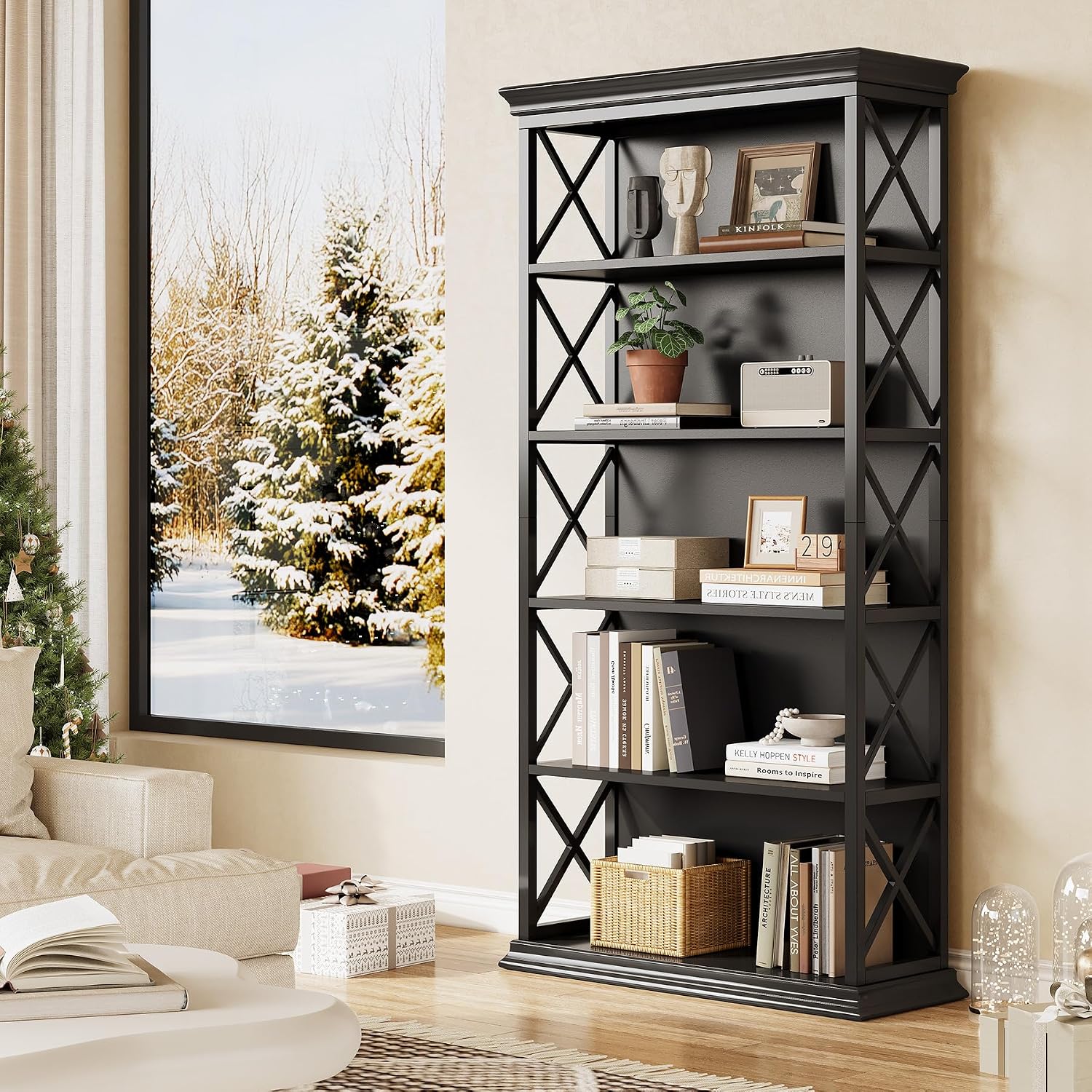 Little Tree 6-Tier Bookcase, 71 Inches Industrial Bookshelves, Floor Standing Display Storage Shelves Tall Bookcase for Home Office, Living Room, Bed Room