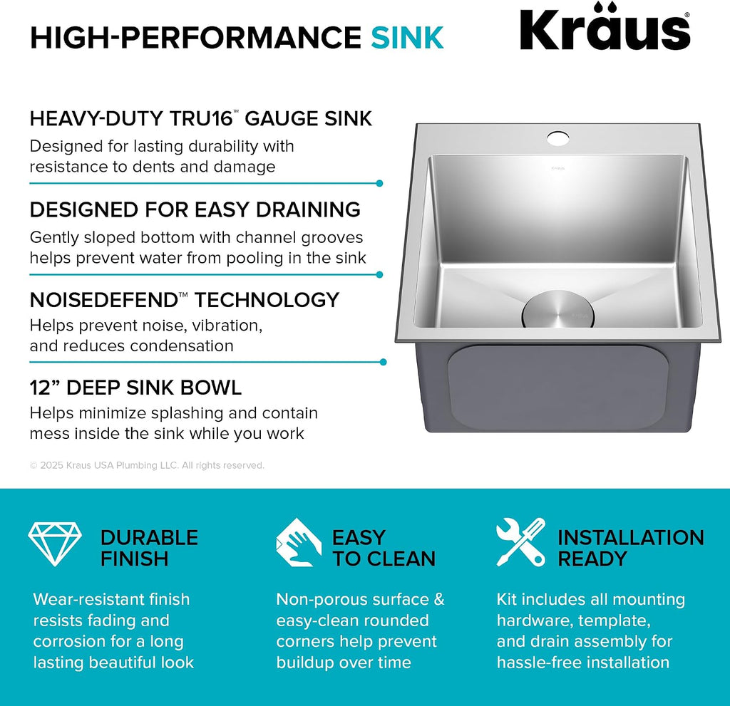 KRAUS 18 x 18 inch Standart PRO™ Drop-In Top Mount 16 Gauge Single Bowl 1-Hole Stainless Steel Kitchen Sink Set (5 Item Bundle: Sink, Bottom Grid, Drain Assembly, Drain Cap, Kitchen Towel), KHT301-18