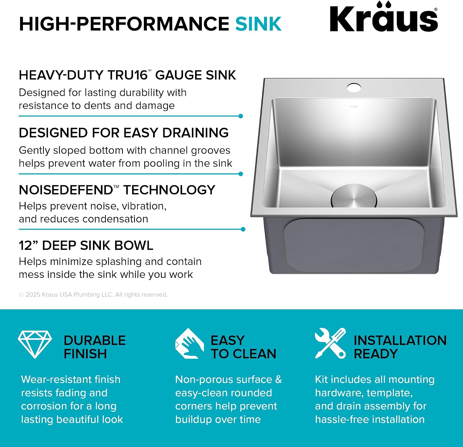 KRAUS 18 x 18 inch Standart PRO™ Drop-In Top Mount 16 Gauge Single Bowl 1-Hole Stainless Steel Kitchen Sink Set (5 Item Bundle: Sink, Bottom Grid, Drain Assembly, Drain Cap, Kitchen Towel), KHT301-18