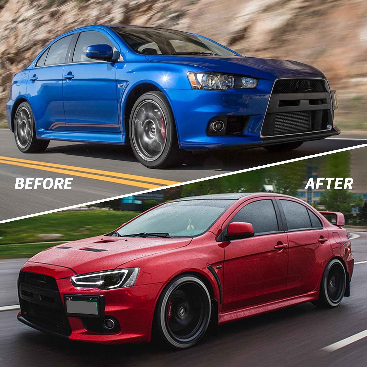 VLAND Projector Headlights + Led Bulbs Compatible with EVO X &Lancer 2008-2023 w/Sequential Indicator w/Smoke Lens Passenger+ Driver Sides+Bulbs(Smoke Lens+Led Bulbs)