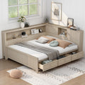 Merax Full Daybed with Headboard and Drawers, Full Size Corner Bed Frame with Storage Shelves for Bedroom, Wood Full Size Bed Frame with Storage for Kids Teens, Apricot White