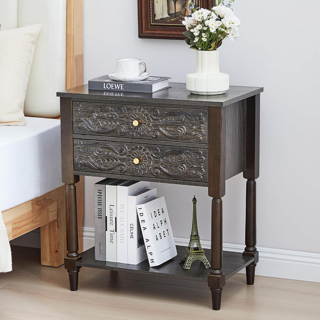 Nightstand, Farmhouse Bedside Table with 2 Drawers and Open Shelf, Wood Sofa Side Table End Table Accent Dresser for Bedroom, Living Room (with Shelf, Black Brown)