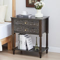 Nightstand, Farmhouse Bedside Table with 2 Drawers and Open Shelf, Wood Sofa Side Table End Table Accent Dresser for Bedroom, Living Room (with Shelf, Black Brown)