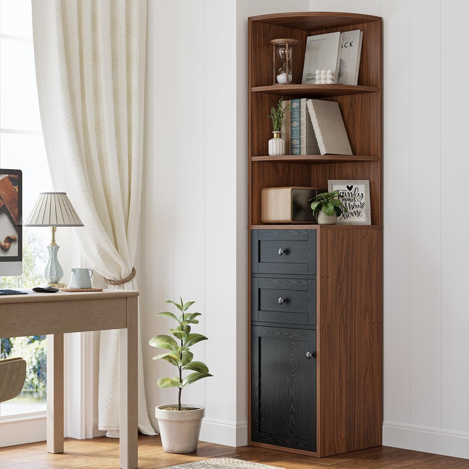 IRONCK Corner Bookshelf and Bookcase, 71' H Wooden Book Shelves 3 Tier with Drawers and Storage Cabinet for Living Room, Office, Bedroom, Brown and Black
