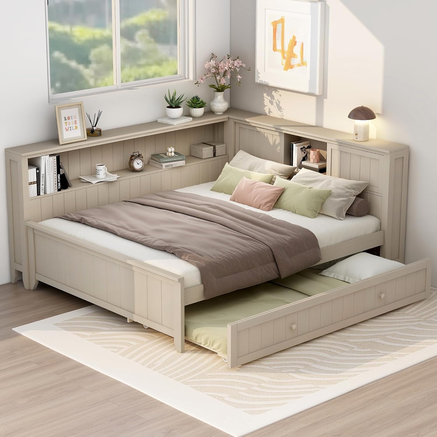Merax Full Size Daybed with Storage Shelves and Trundle, Wood Slat Support, No Box Spring Needed, Antique White