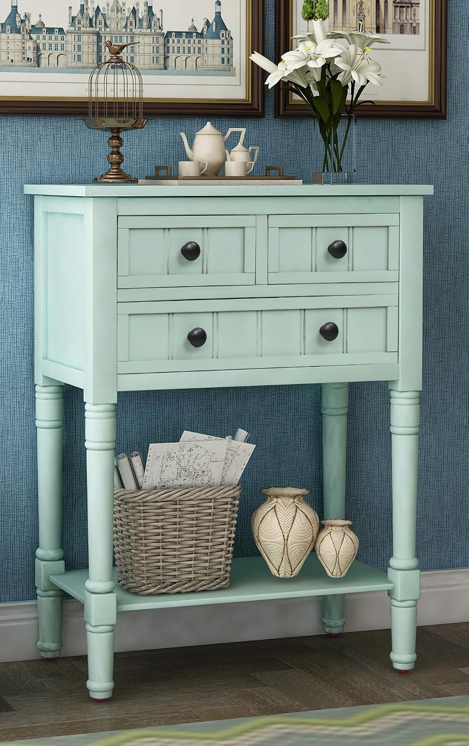 P PURLOVE Narrow Console Table, Farmhouse Entryway Table Slim Sofa Table with Three Storage Drawers and Bottom Shelf, Wood Entry Table for Living Room, Easy Assembly (Retro Blue)