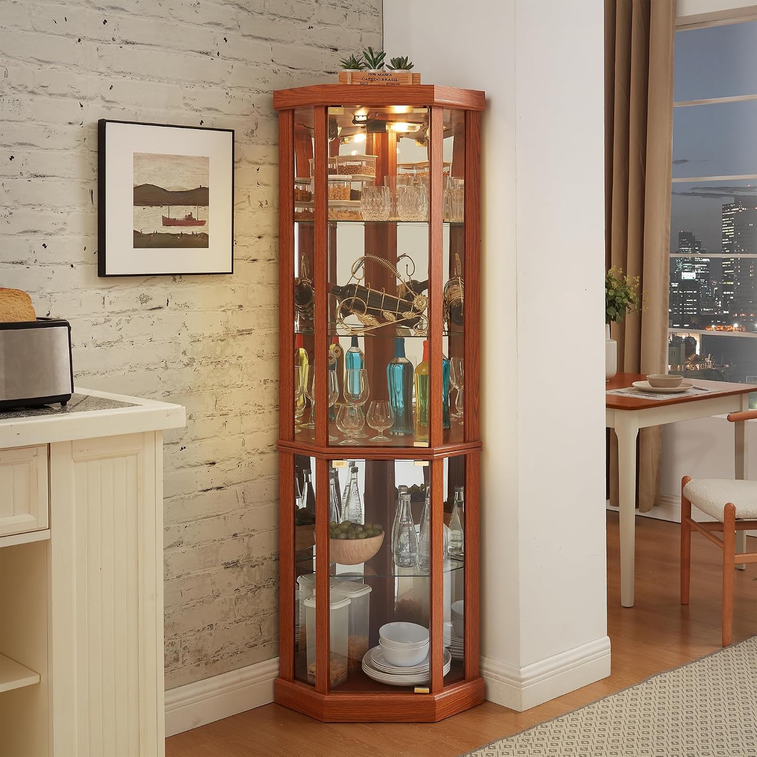 69' H Lighted Corner Display Cabinet, Curio Corner Glass Cabinet w/Adjustable Shelves & Glass Door, 5-Tier Wooden Storage Display Case w/Mirrored Back Pane for Living Room (Dark Oak)