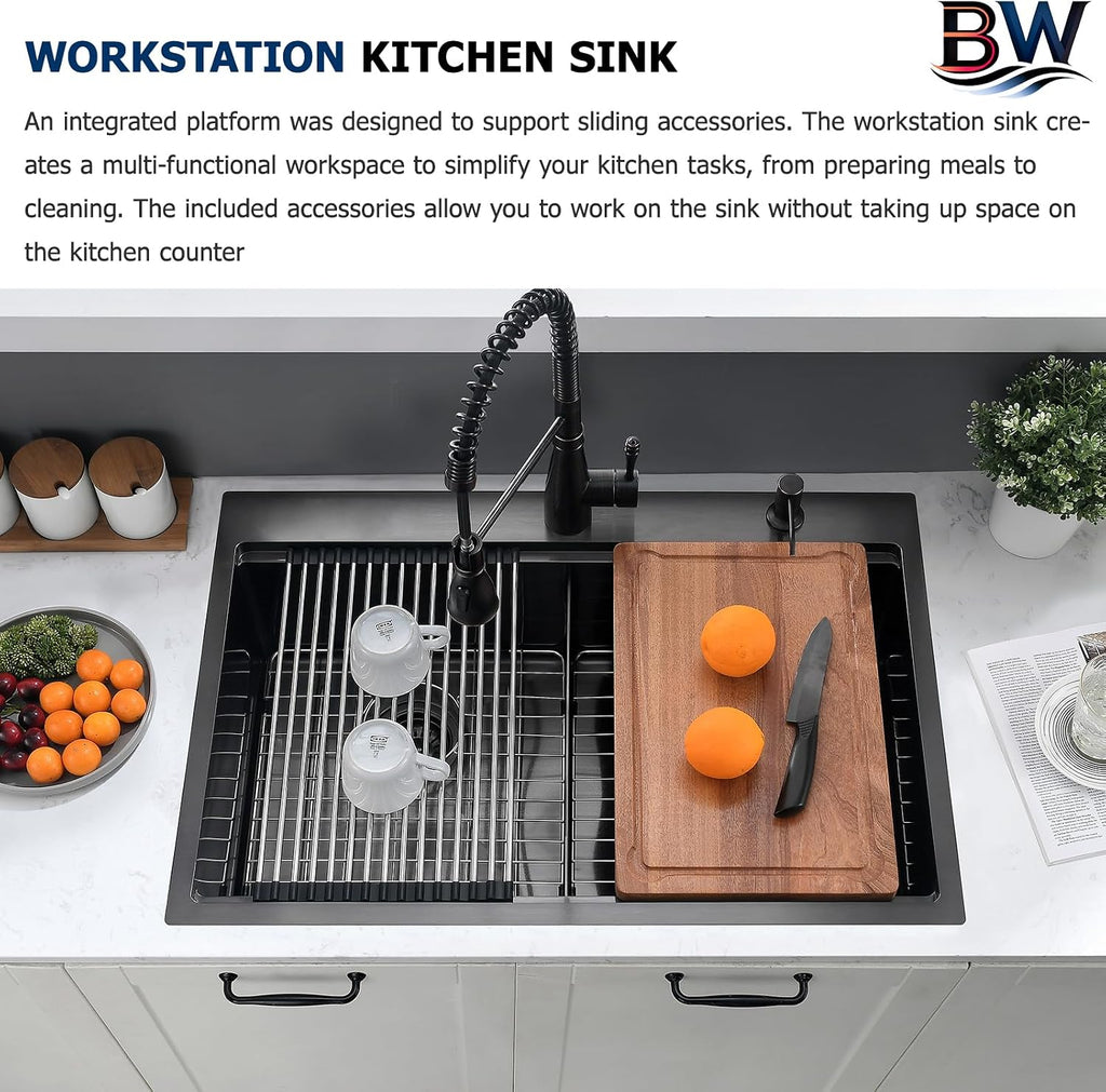 33x22 Black Double Bowl Drop In Kitchen Sink Workstation - 16 Gauge Stainless Steel Workstation Sinks 50/50 Split, Top Mount Drop In Kitchen Sink Double Bowl with Accessories