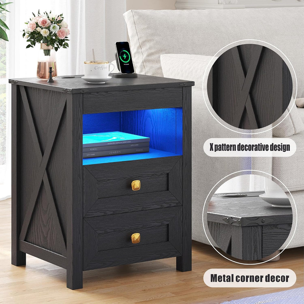 Farmhouse LED Nightstand Set 2 with Gun Drawer&Invisible Lock,Modern Bedside Table with Human Sensor Design,Rustic Side Table with Wireless Charging for Living Room, Black