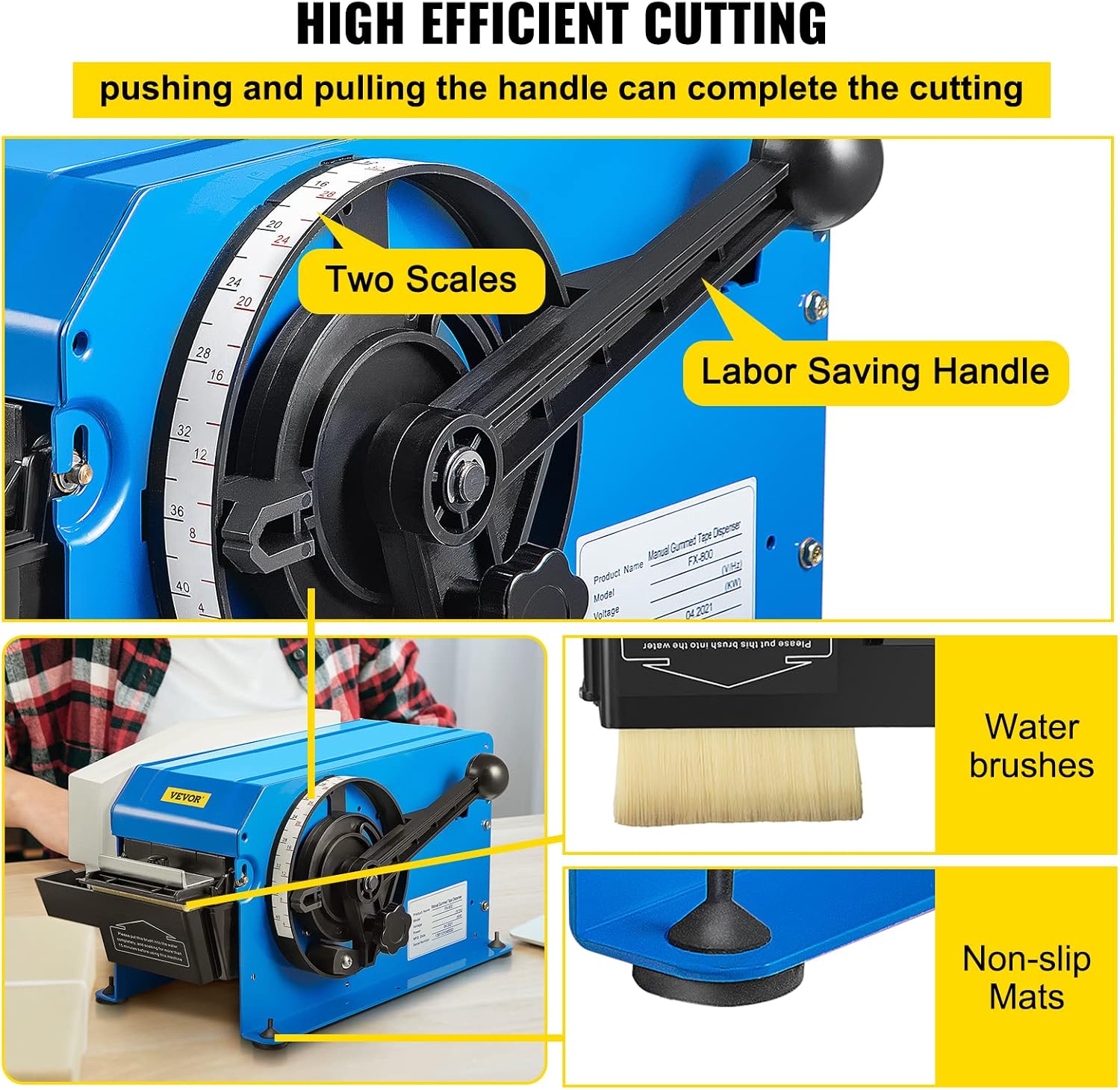 VEVOR Water-Activated Tape Dispenser, Maximum 39.4' x 3.94' Tape, Adjustable Length, Width & Water Level, Manual Tape Dispenser w/Water Brush, Carton Packaging for Express Box, Gift Box