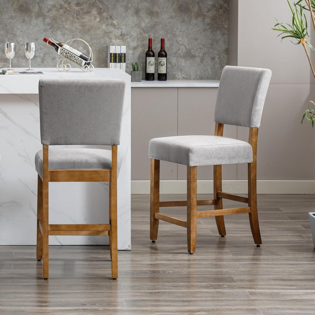 DAGONHIL 24 Inch Counter Height Bar Stools Upholstered Bar,Towel Cloth Fabric Solid Wood Bar Stool (Set of 2 Light Grey)