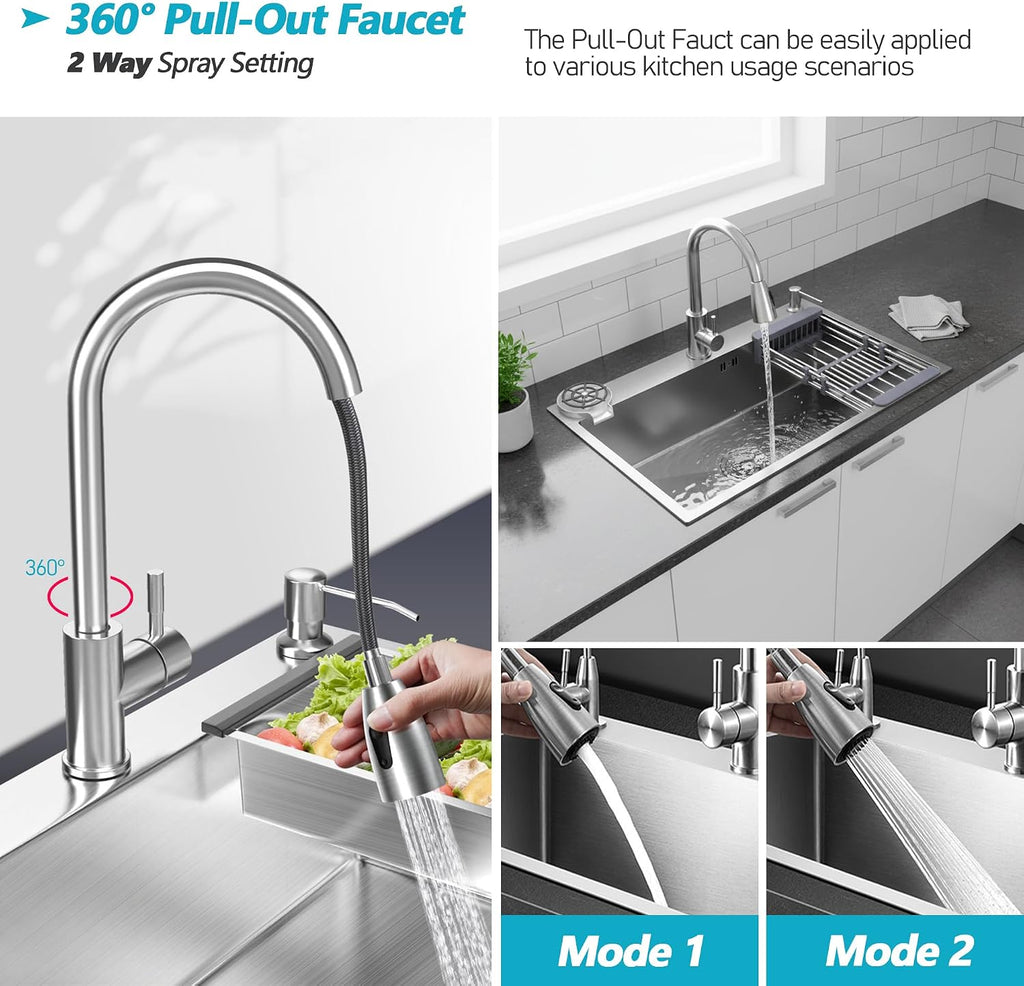 Stainless Steel Kitchen Sink with Faucet, Single Bowl Top Mount/Drop-In 3 Hole Single Bowl Workstation Sink with Cup Washer, Soap Dispenser, Drainage kit for Bar, Kitchen, Balcony (20 * 18in)