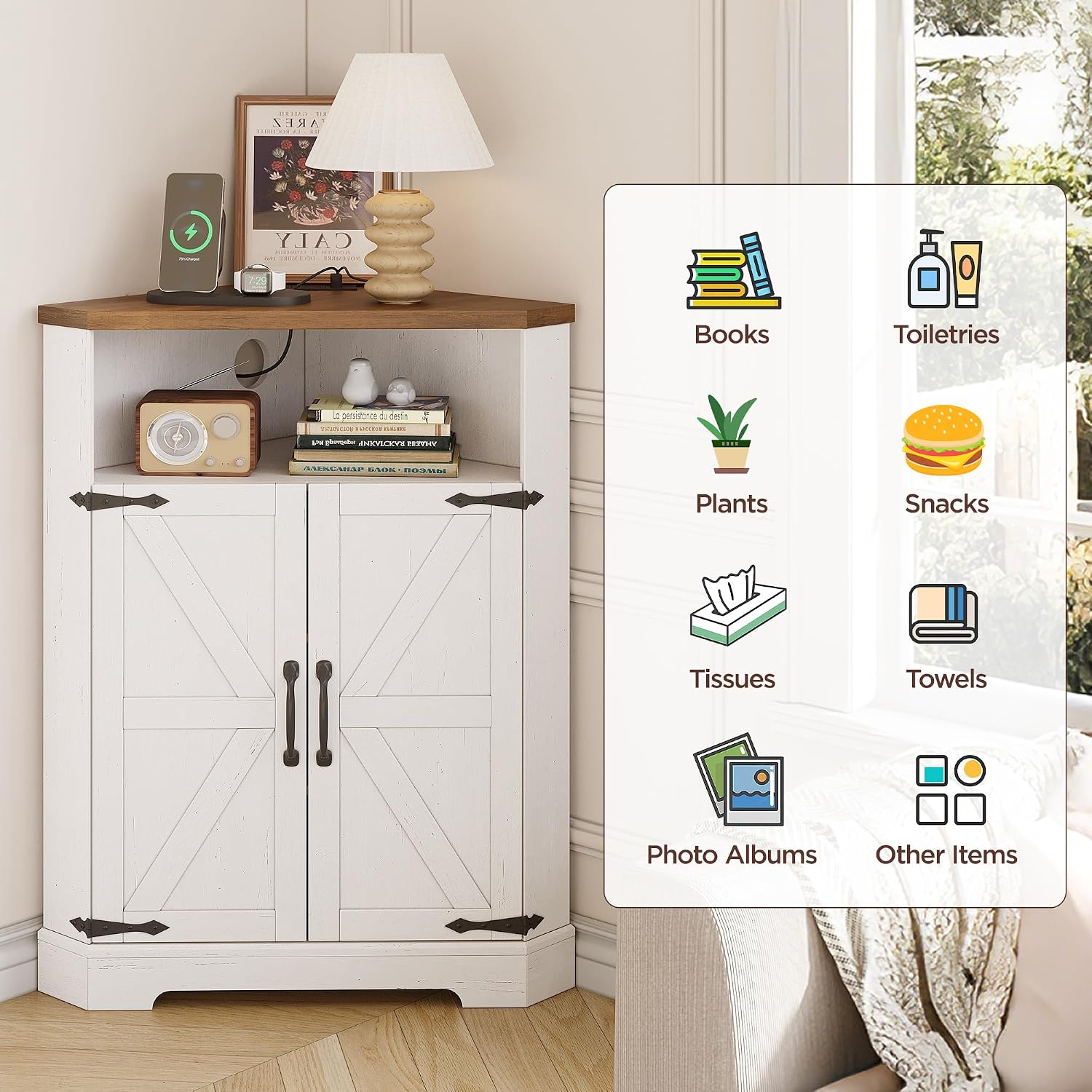 Vabches Small Corner Cabinet with Charging Station,Farmhouse Kitchen Corner Storage Cabinet with Barn Doors and Adjustable Shelves for Many Corner,Like Bathroom,and Kitchen