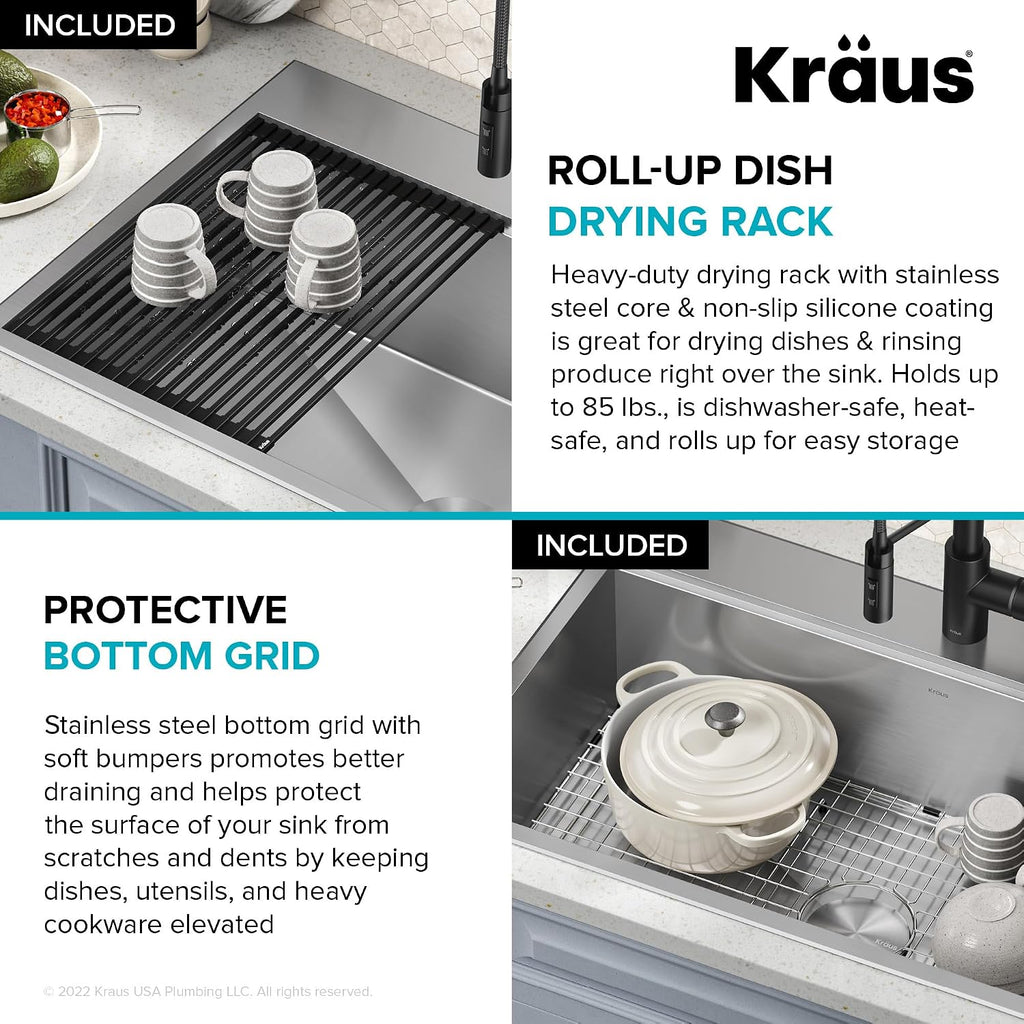 KRAUS Kore 33-in Drop-In Workstation 16 Gauge Stainless Steel Single Bowl Kitchen Sink with Accessories