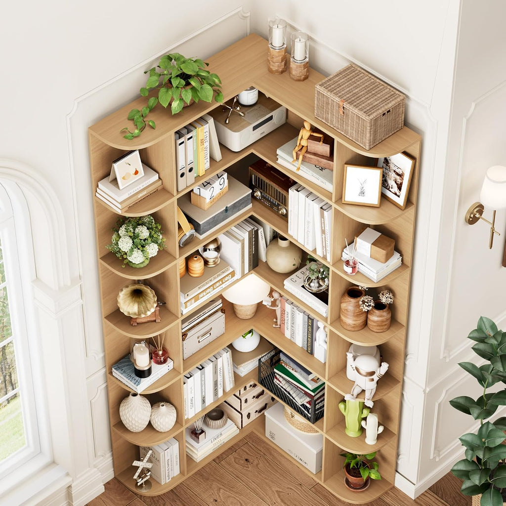 FOTOSOK 72' Tall Corner Bookshelf, 6-Tier Bookshelf and Bookcase with Open Storage, Tall Bookcases Wooden Storage Shelves for Home Office, Thickened Boards for Better Load Bearing, Natural