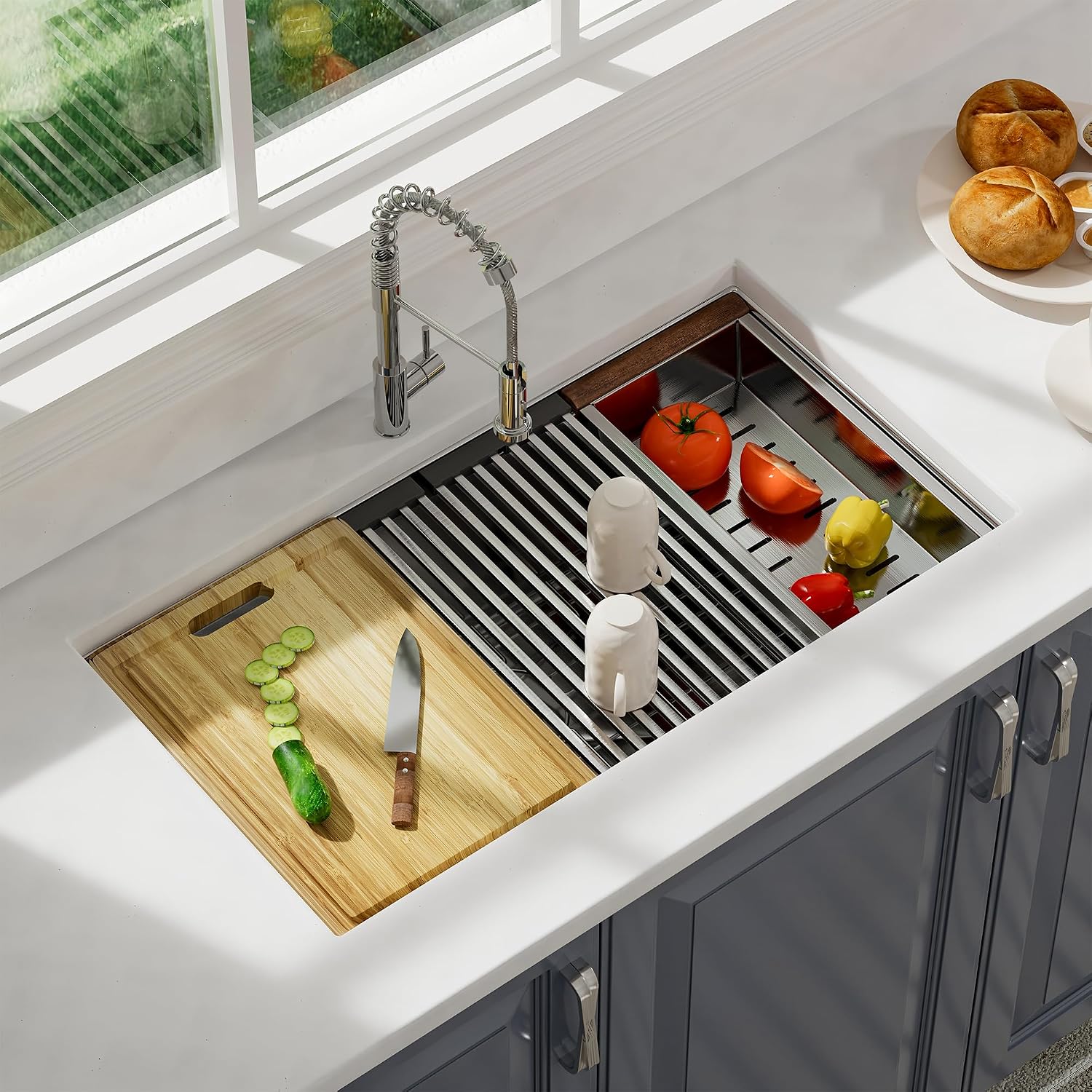 DeerValley 30 x 18 Inch Undermount Kitchen Sink Workstation - 18 Gauge Stainless Steel Single Bowl Sink, Handmade with Built-In Accessories, Ledge Design & Cutting Board
