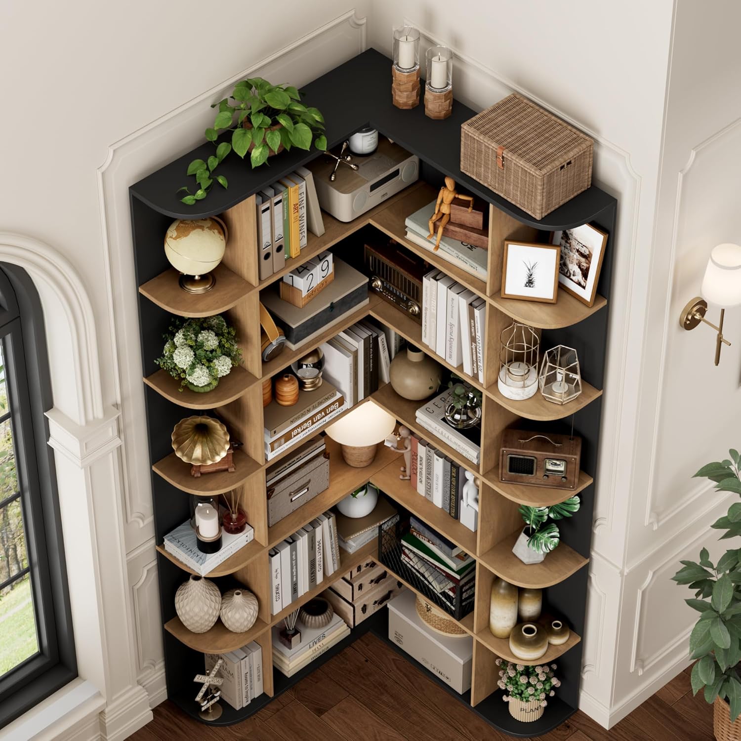 FOTOSOK 72' Tall Corner Bookshelf, 6-Tier Bookshelf and Bookcase with Open Storage, Tall Bookcases Wooden Storage Shelves for Home Office, Thickened Boards for Better Load Bearing, Black/Brown