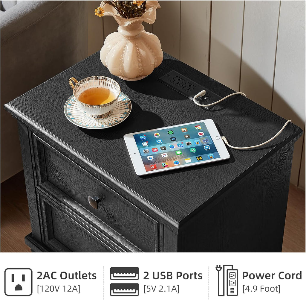 SAVOR LIFE Farmhouse Nightstand with Charging Station, Rustic Low Night Stand with 2 Drawers, Mid-Century Modern End Table with 4 Square Solid Wood Legs, Small Dresser for Bedroom, Home, Black