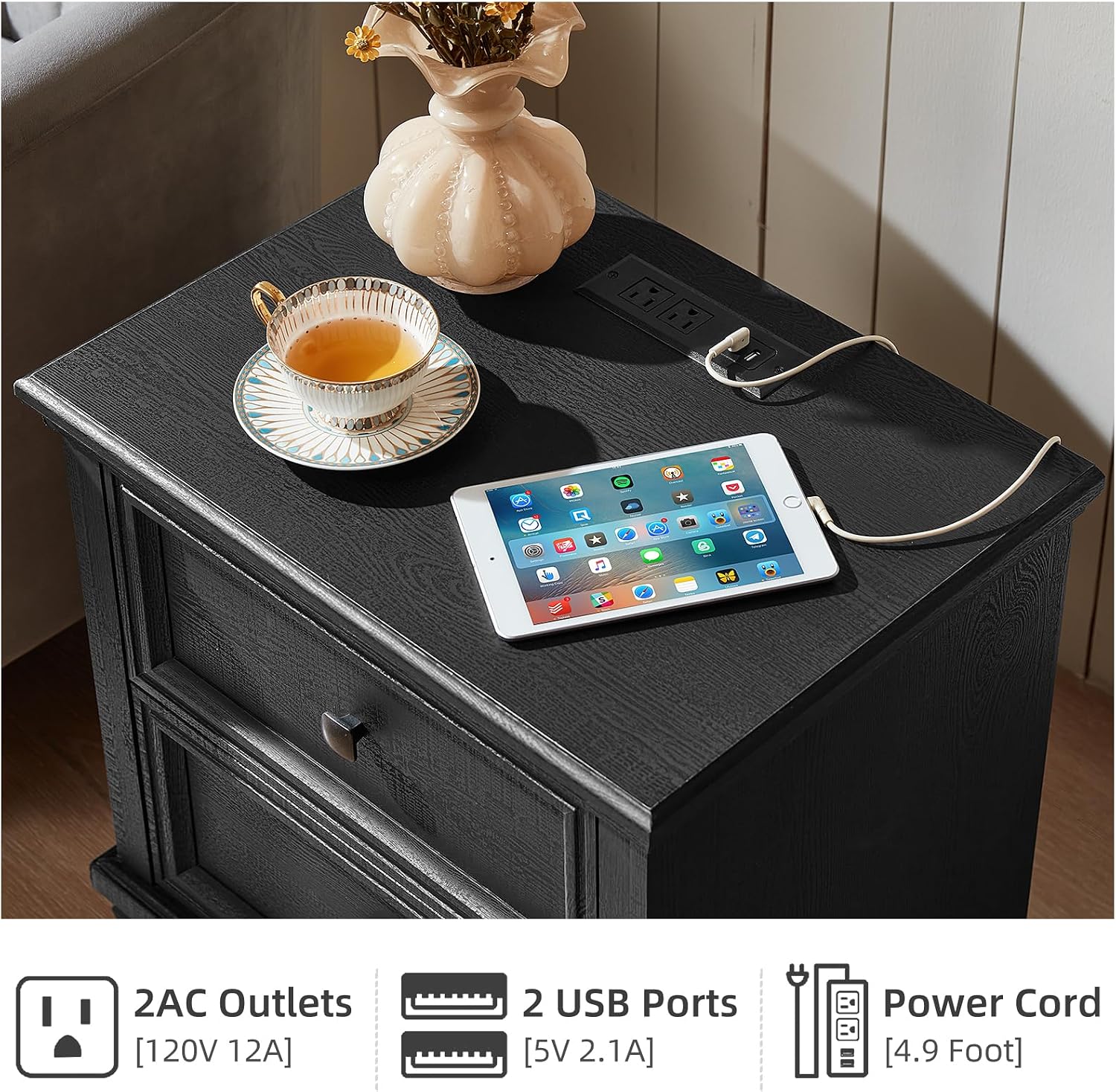 SAVOR LIFE Farmhouse Nightstand with Charging Station, Rustic Low Night Stand with 2 Drawers, Mid-Century Modern End Table with 4 Square Solid Wood Legs, Small Dresser for Bedroom, Home, Black