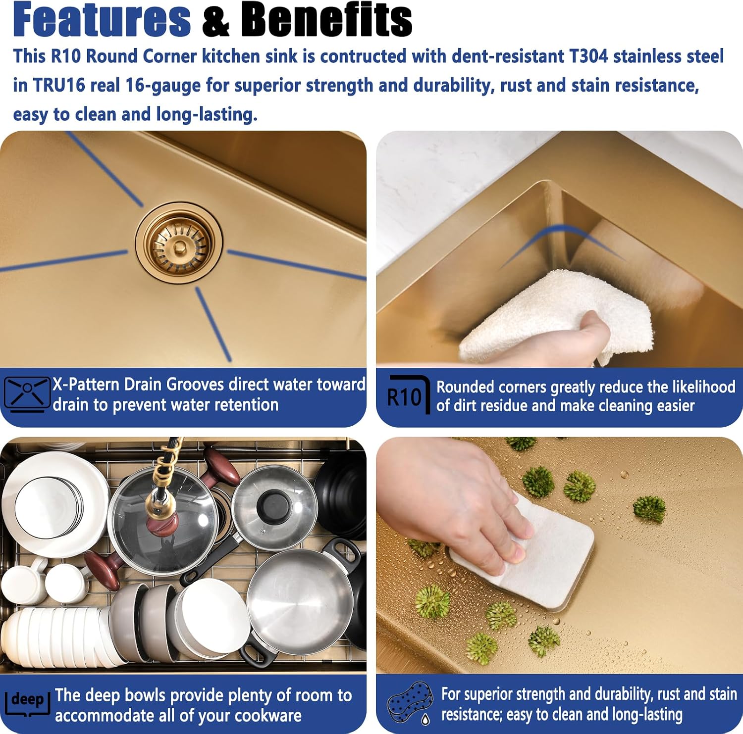25 Inch Gold Drop In Kitchen Sink with Faucet Combo - 25x22 Modern Gold Stainless Kitchen Sink Drop In, Single Bowl Top Mount Sink with Soap Dispenser & Accessories