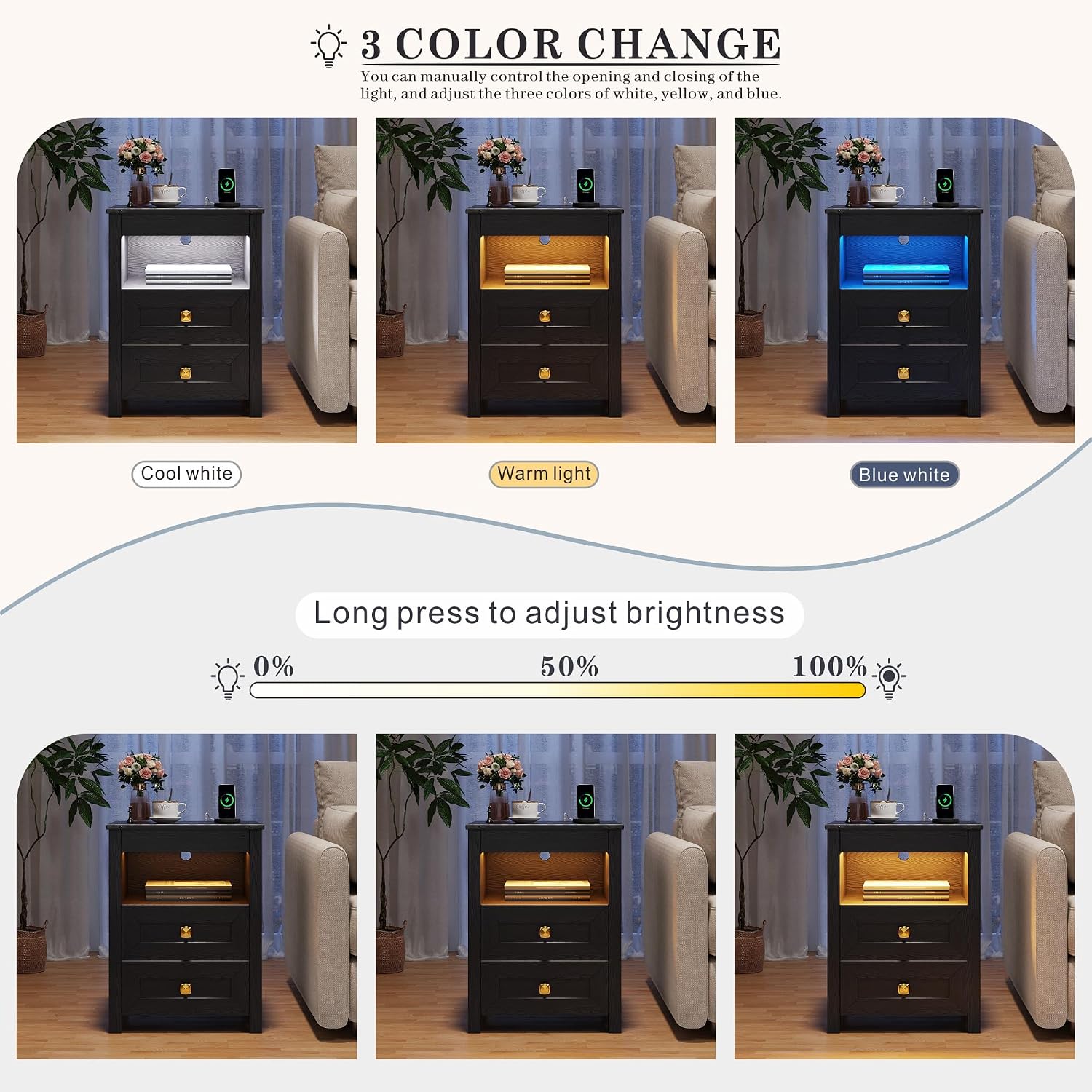 Farmhouse LED Nightstand Set 2 with Gun Drawer&Invisible Lock,Modern Bedside Table with Human Sensor Design,Rustic Side Table with Wireless Charging for Living Room, Black