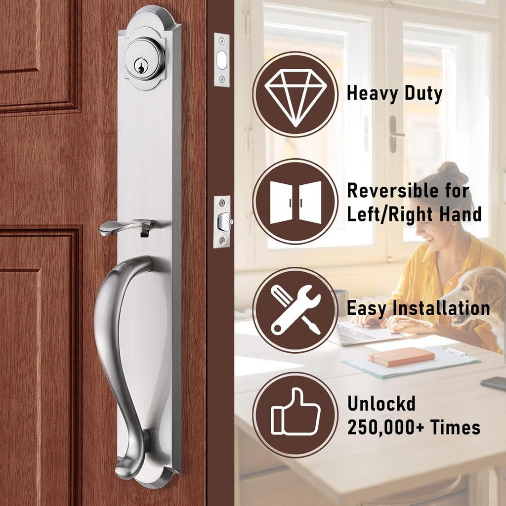 Front Door Handle Double Door Lock Set with Camelot Trim in Satin Nickel, Entrance Handle Set with Deadbolt and Lever, X-2018SET