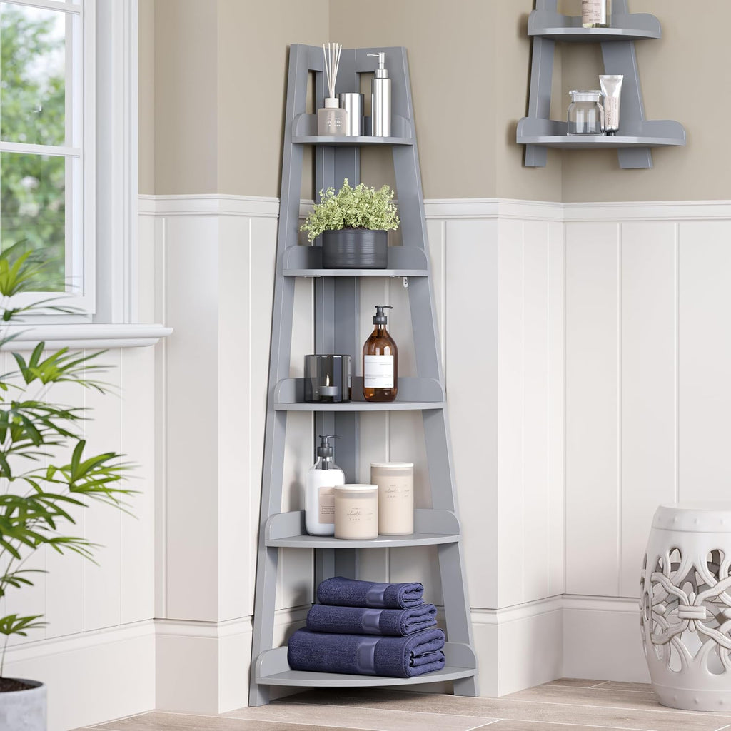 RiverRidge Amery 5-Tier Corner Ladder Shelf - Narrow Corner Shelf Maximizes Storage & Display in Small Spaces - Gray Open Shelving Design for Bathroom, Living Room, Office