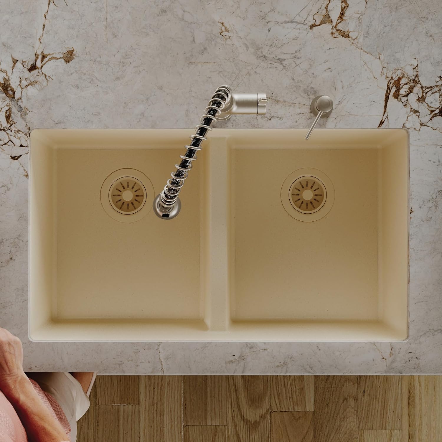 Karran 32' Bisque Quartz Composite Undermount Double Bowl Kitchen Sink with Low Divider – 50/50 Equal Bowl, 80% Natural Quartz, 535°F Heat Resistant, Sound Dampening, QU-810