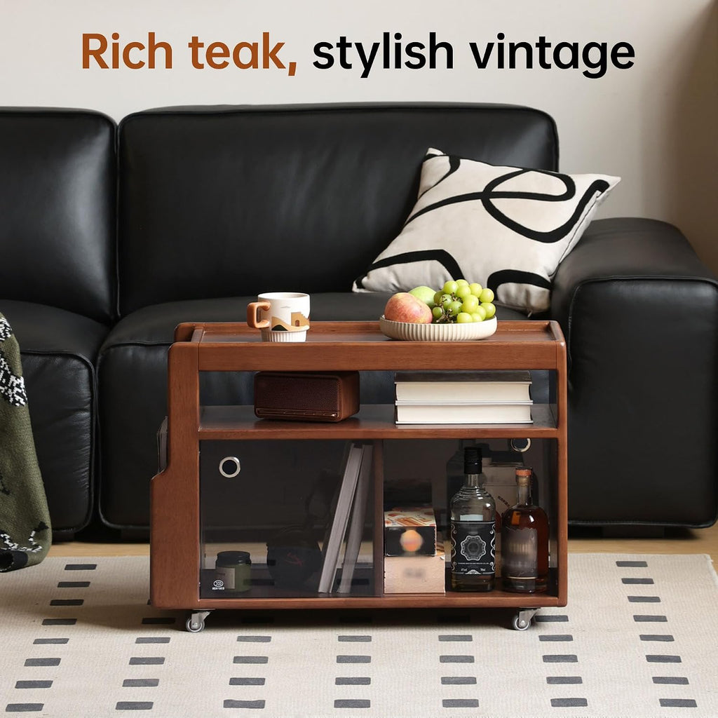 Solid Wood Side Table with Wheels, Narrow Side Table with Storage, Rolling Bedside Table for Bedroom Living Room Dining Room(Teak, 27.95' D x 11.42' W x 19.88' H)