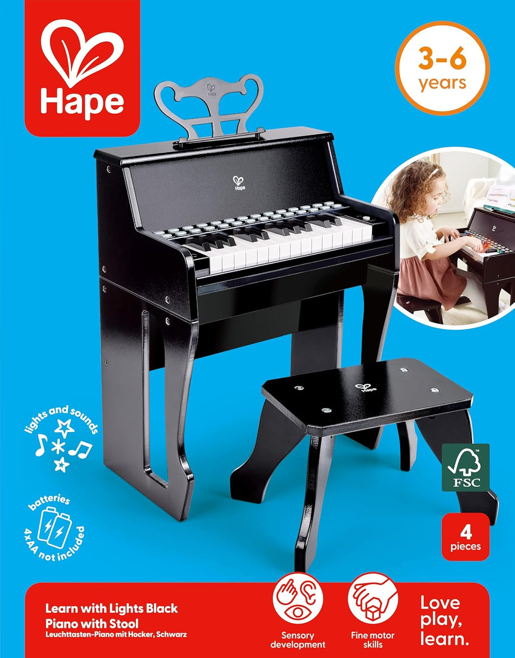 Hape Learn with Lights Black Piano with Stool