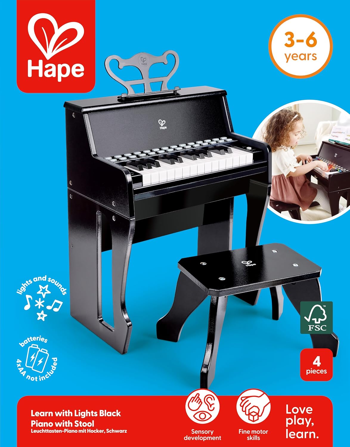 Hape Learn with Lights Black Piano with Stool