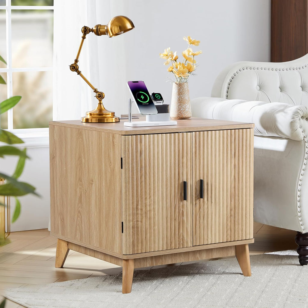 Fluted End Table with Charging Station, Mid Century Modern Nightstand with 2 Doors, Bed Side Table with Storage for Couch,Living Room,Small Spaces, Sofa Side Table for Office,Dorm-Natural
