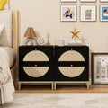 Rattan Nightstand, Boho Bedside Tables with 2 Drawer, Rustic End Table with Storage, Side Table for Living Room, Bed Room, Office, Black, Set of 2