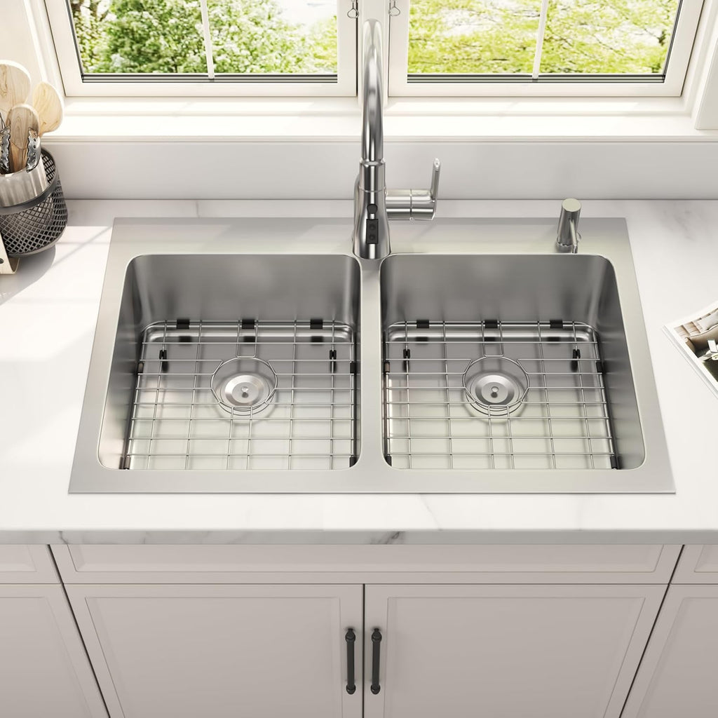 33x22 Drop In Double Bowl Kitchen Sink 16 Gauge Stainless Steel Top Mount Commercial Grade Satin Finish Sinks with Strainer & Grid 33' x 22' x 9'