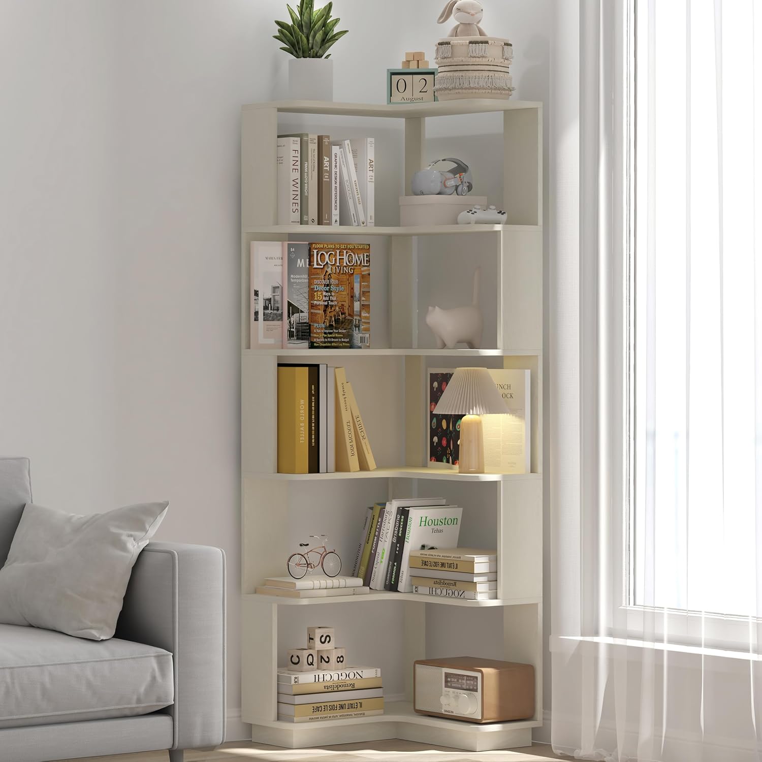 GDFStudio 64.6' Tall L-Shaped Corner Bookshelf, 6-Tier Freestanding Corner Shelf Bookcase with Anti-Drop Panels, Wooden Open Back Display Shelves Organizer for Living Room Office Bedroom, White Oak
