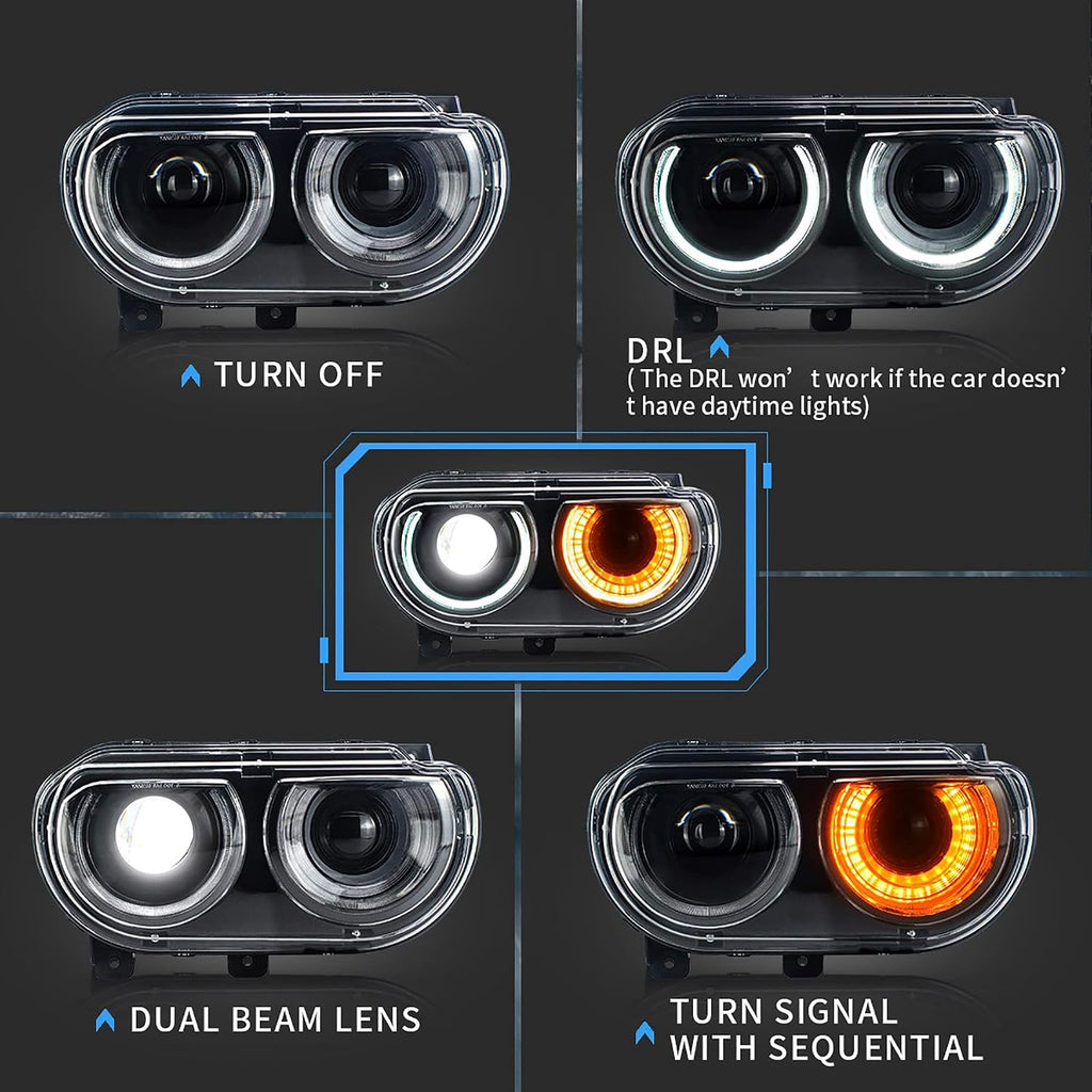 VLAND Projector Headlights Compatible with Dodge Challenger 2008-2014 w/Sequential Indicator Halo, D2S/ D2H Bulb (Not Included) for HI/LO Beam, Passenger& Driver Sides