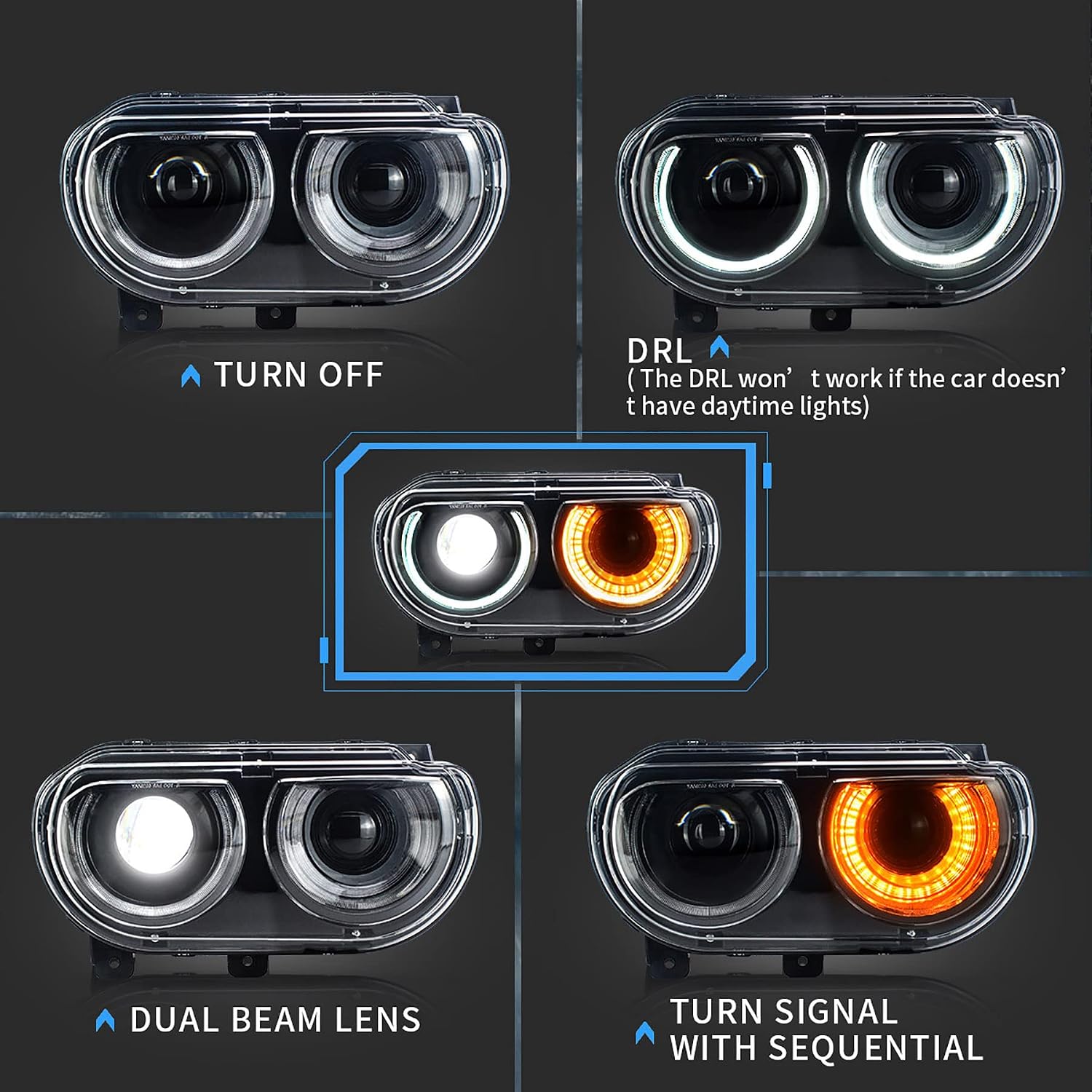 VLAND Projector Headlights Compatible with Dodge Challenger 2008-2014 w/Sequential Indicator Halo, D2S/ D2H Bulb (Not Included) for HI/LO Beam, Passenger& Driver Sides
