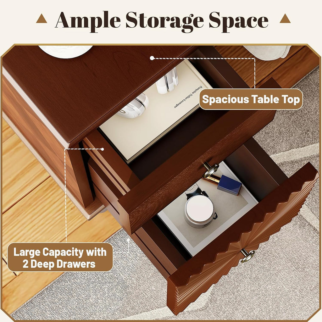 Wood End Table with Charging Station, Fully Assembled Slim Side Table with Drawers, Narrow Nightstand Bedside Table for Small Spaces, Living Room, Bedroom,Walnut